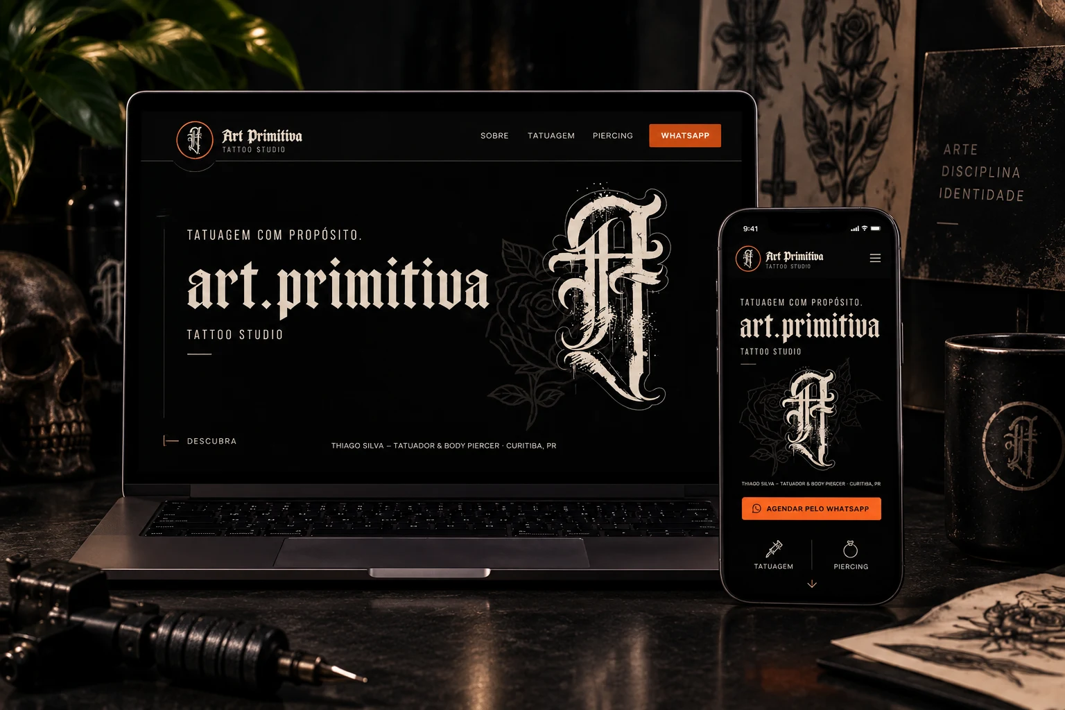 Site do estúdio Art Primitiva — Thiago Silva, cliente real · Online Já
