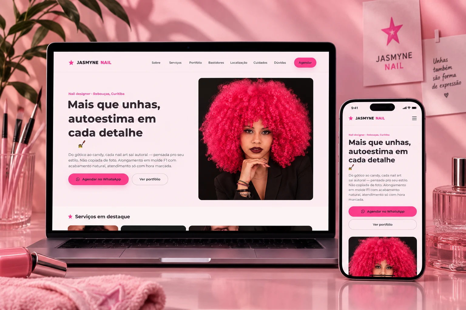 Site da Jasmyne Nail — Jasmyne Lessa, cliente real · Online Já