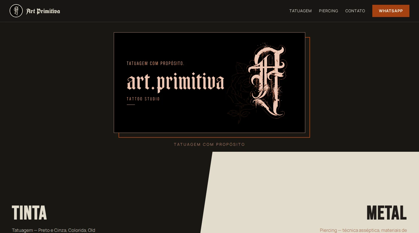 Conceito 2 — Traço/Metal — proposta visual pro Art Primitiva · Online Já