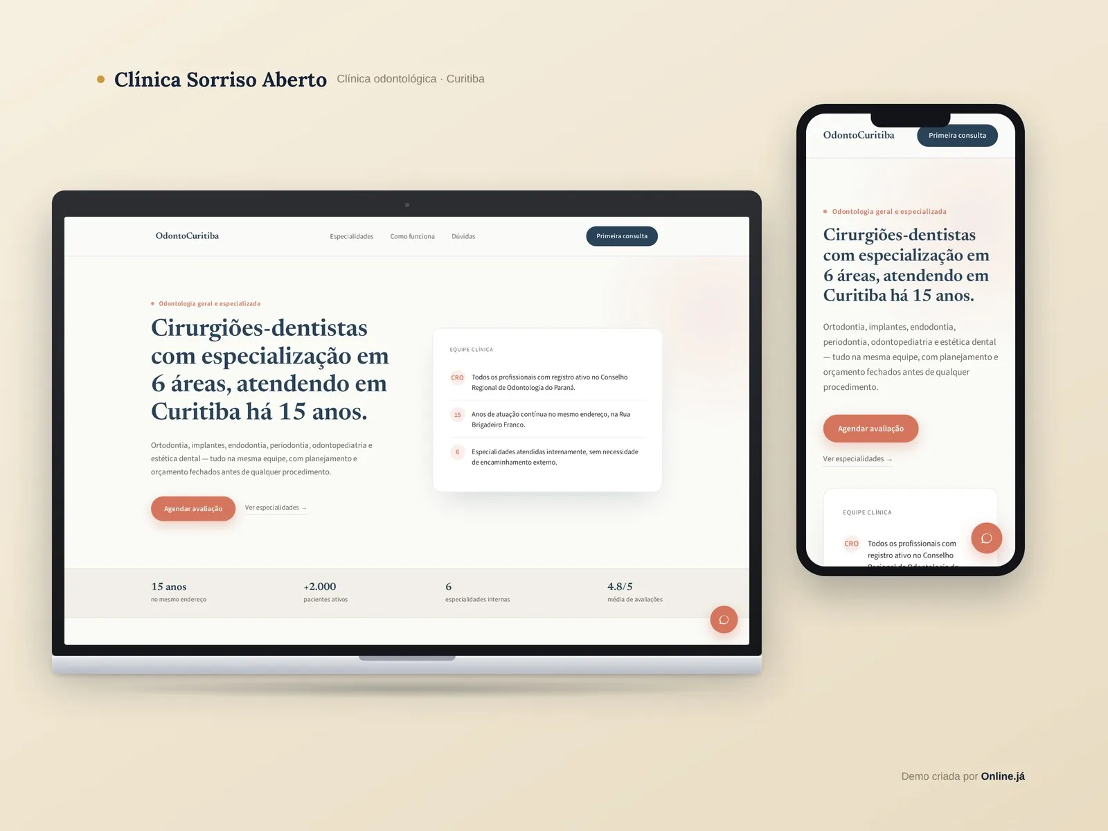 Site para clínica odontológica em Curitiba — demo Sorriso Aberto · Online Já