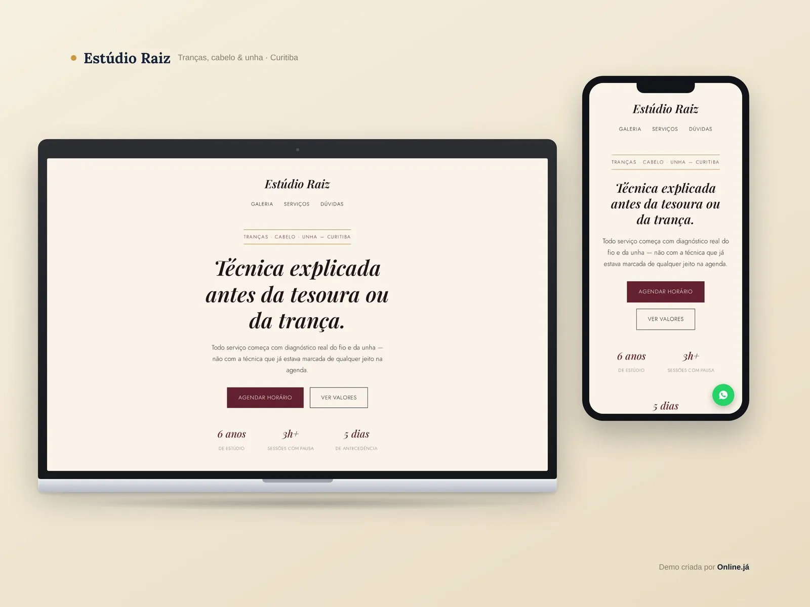 Site para estúdio de tranças e beleza em Curitiba e região — demo Estúdio Raiz · Online Já