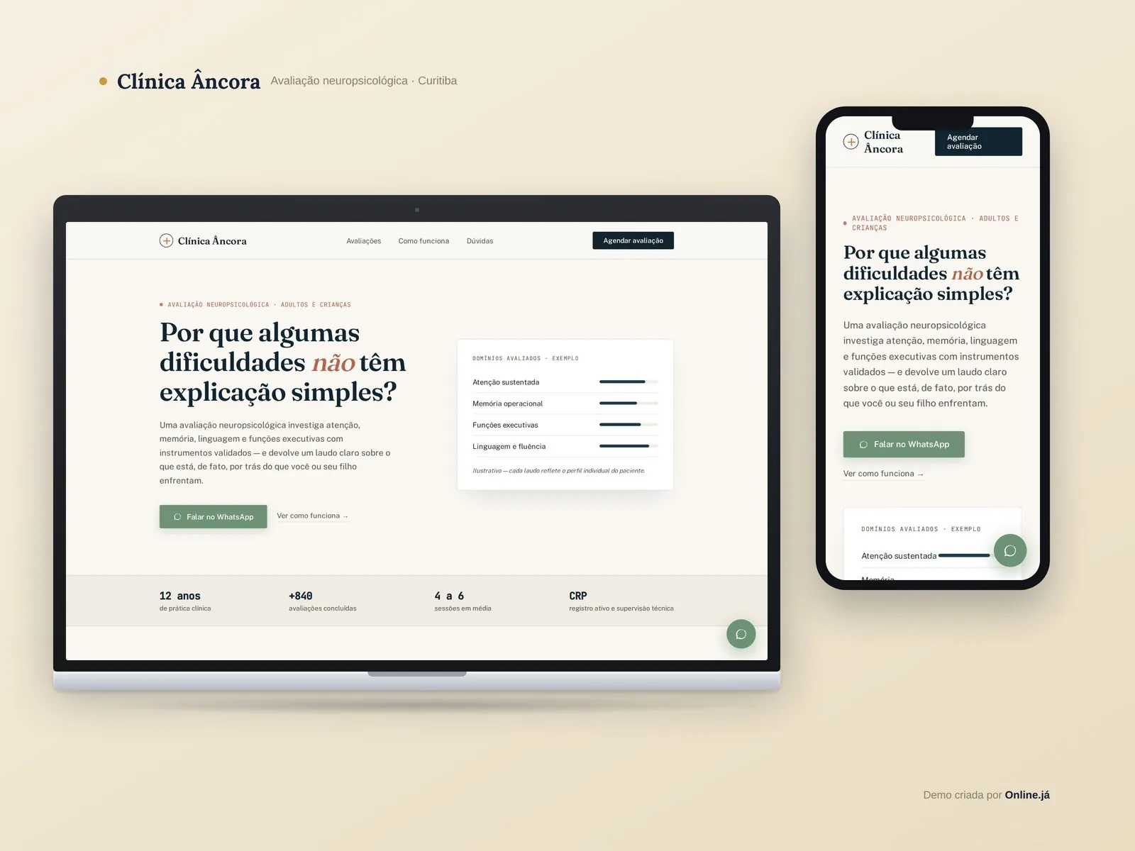 Site para neuropsicologia em Curitiba e região — demo · Online Já