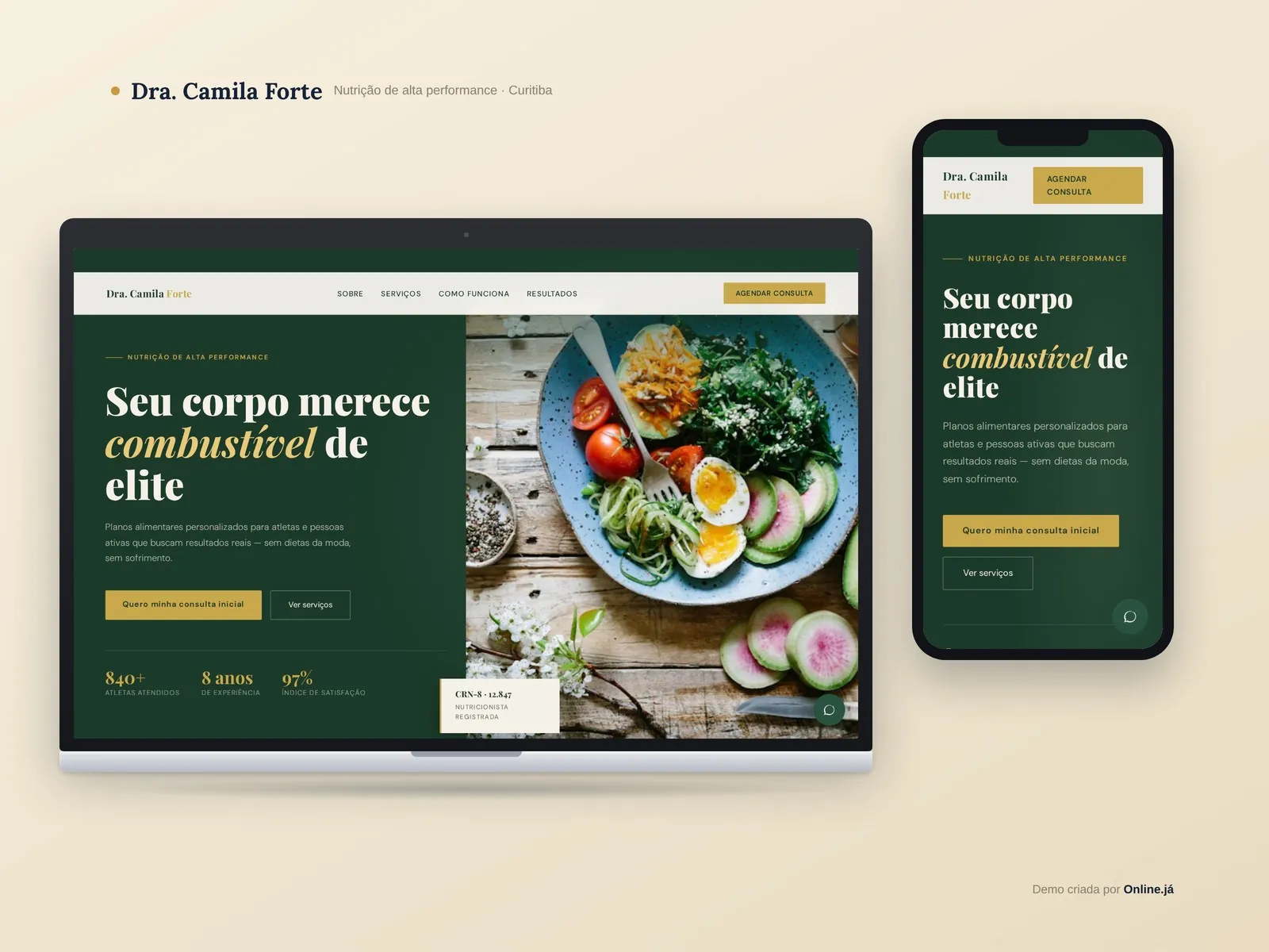 Site para nutricionista em Curitiba e região — demo Dra. Camila Forte · Online Já