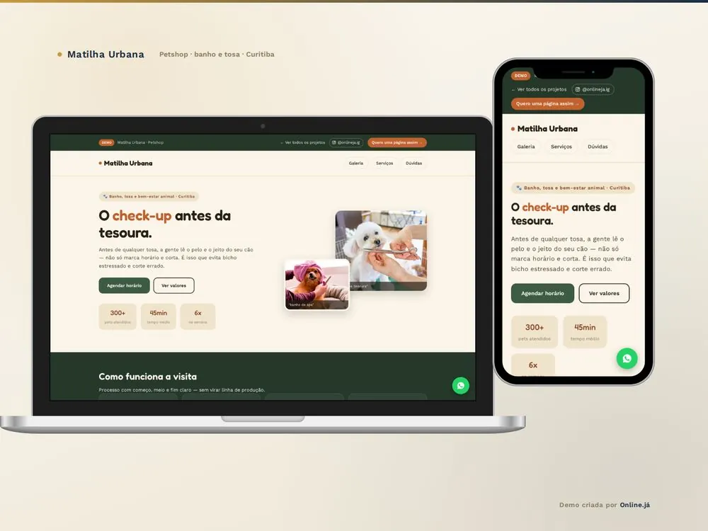 Site para pet shop em Curitiba e região — demo · Online Já