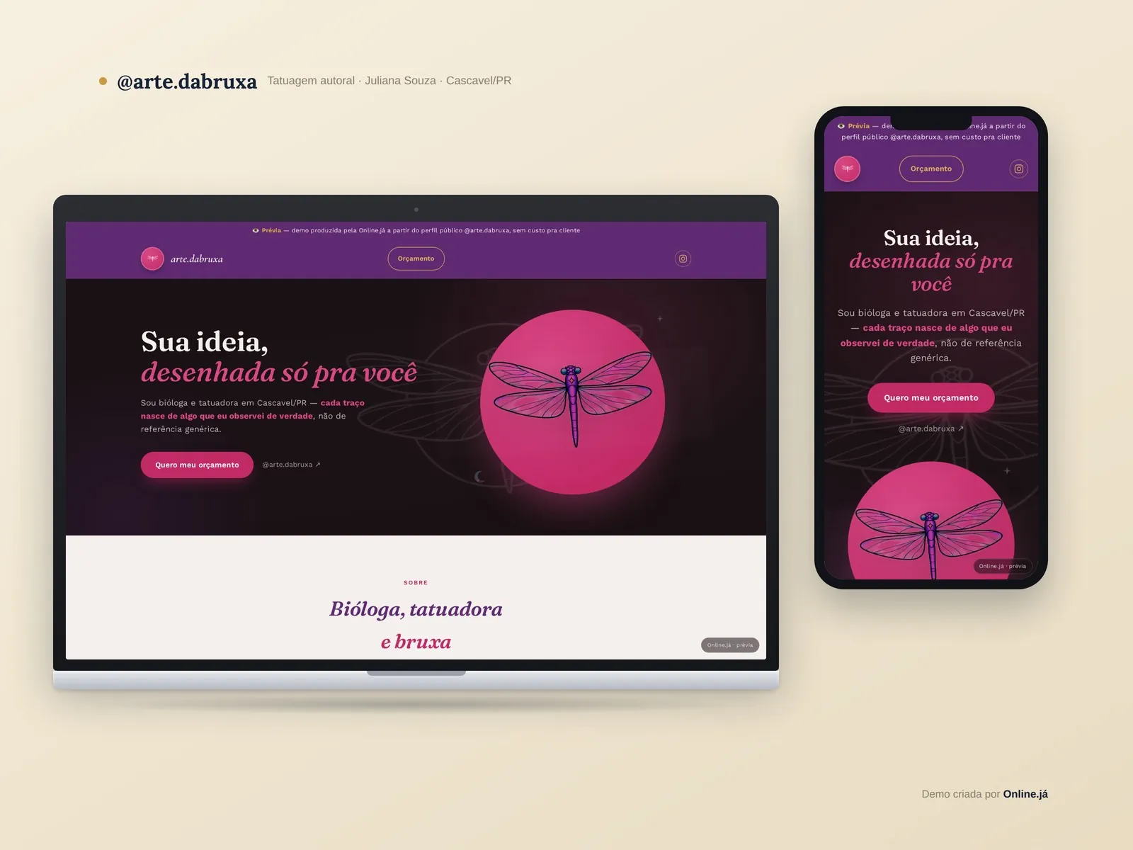 Site para tatuadora em Curitiba e região — demo @arte.dabruxa · Online Já