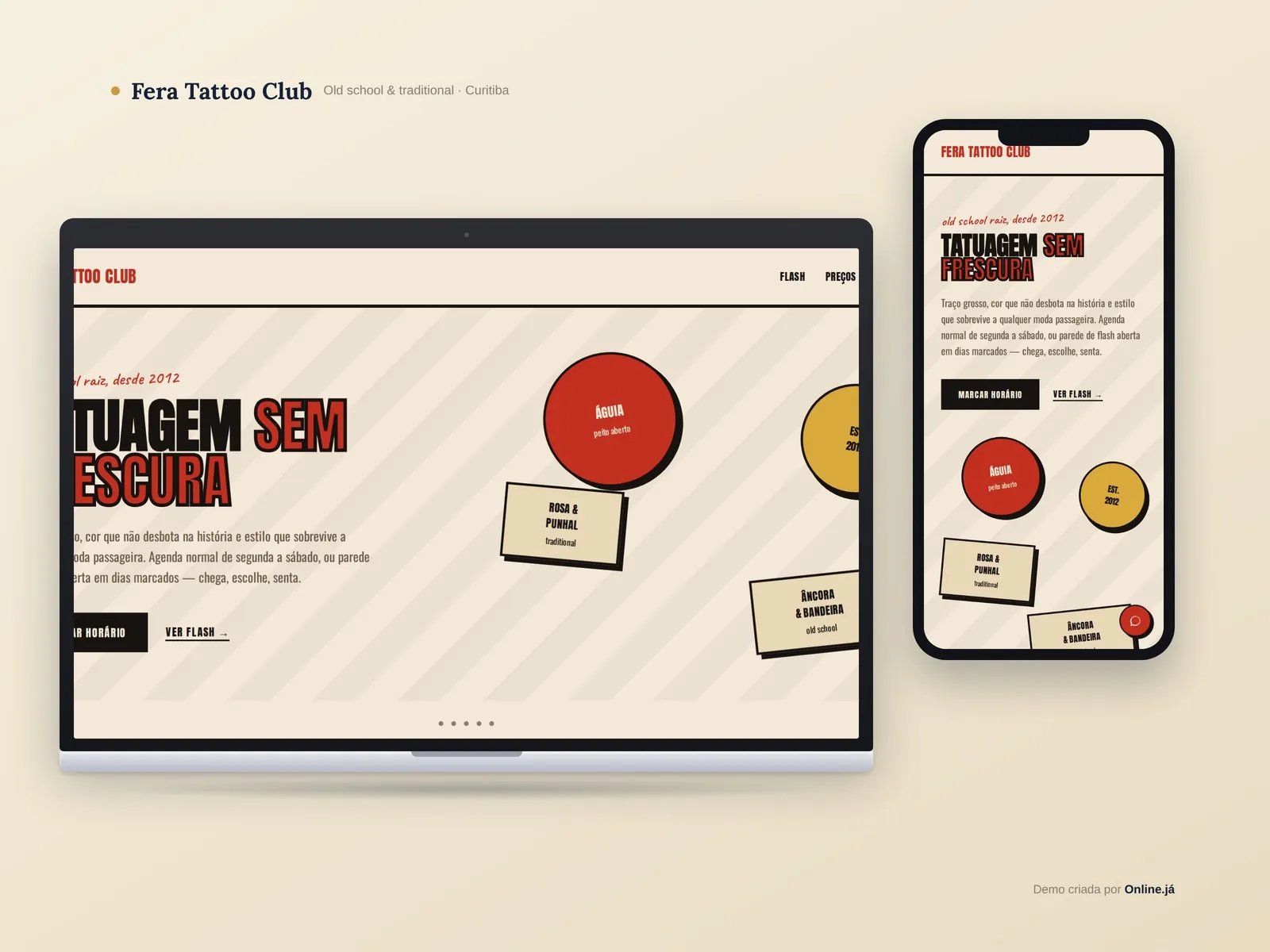 Site para tatuagem old school em Curitiba — demo Fera Tattoo Club · Online Já