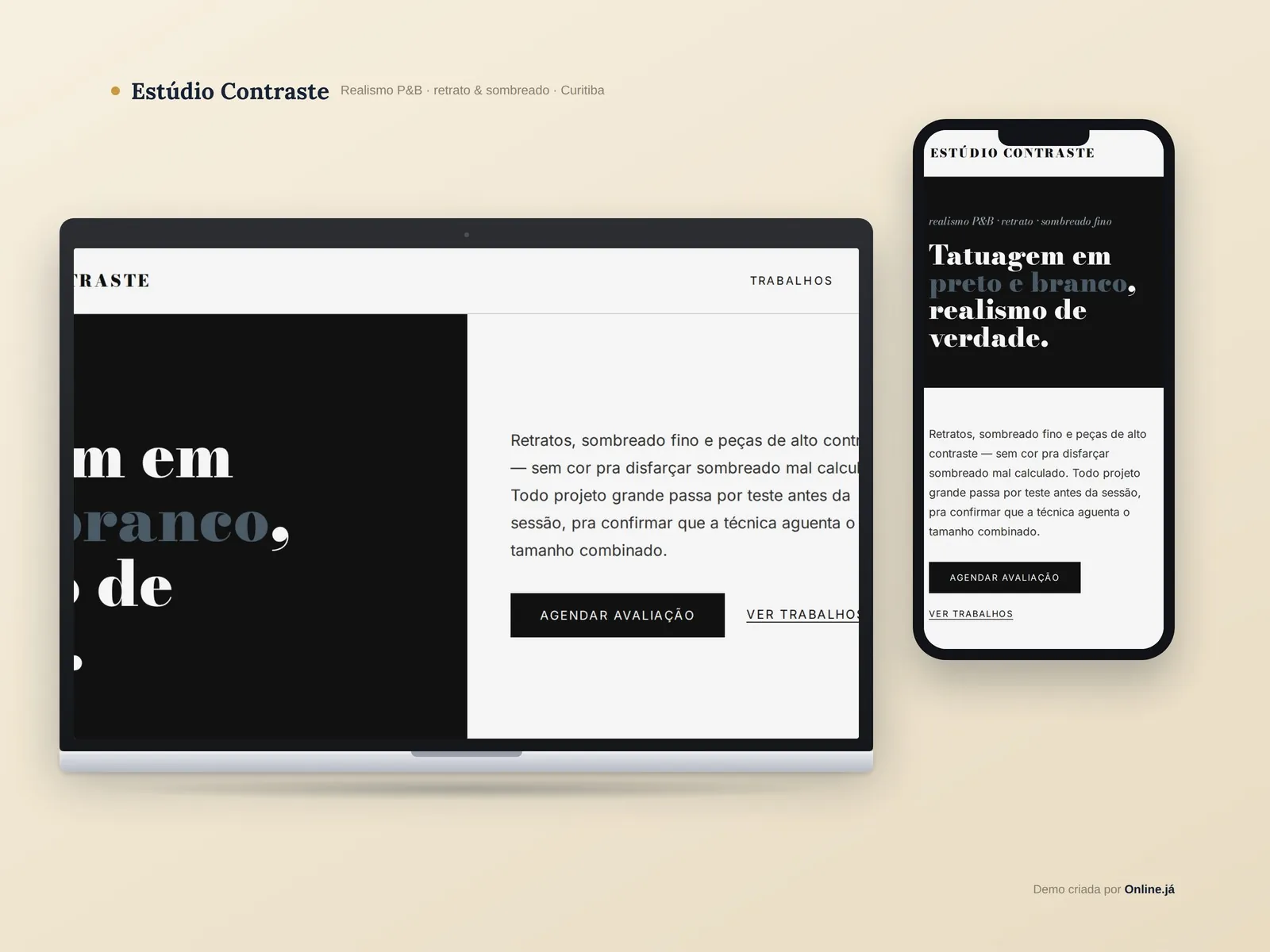 Site para tatuagem realismo P&B em Curitiba — demo Estúdio Contraste · Online Já