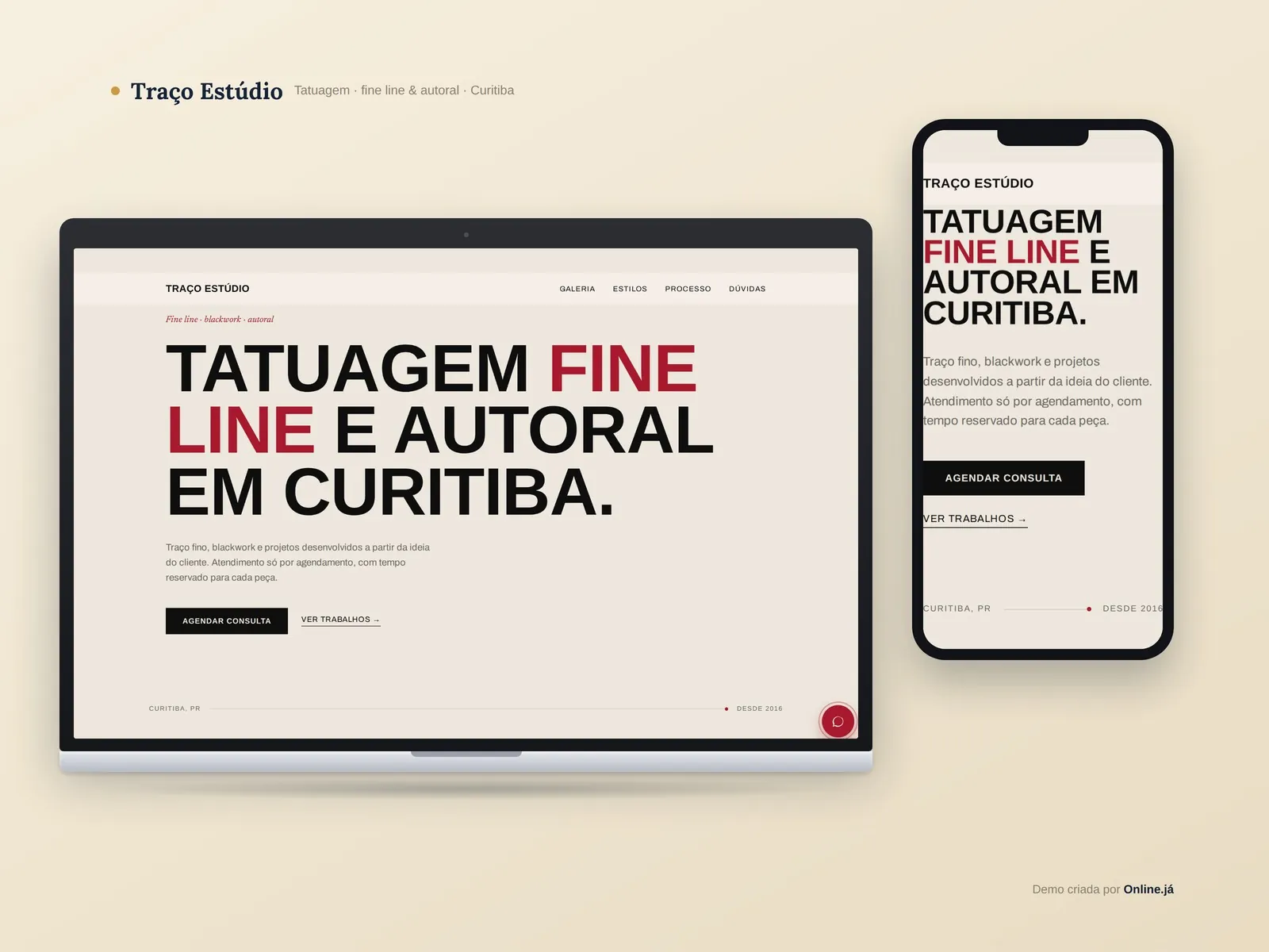 Site para estúdio de tatuagem em Curitiba — demo Traço Estúdio · Online Já