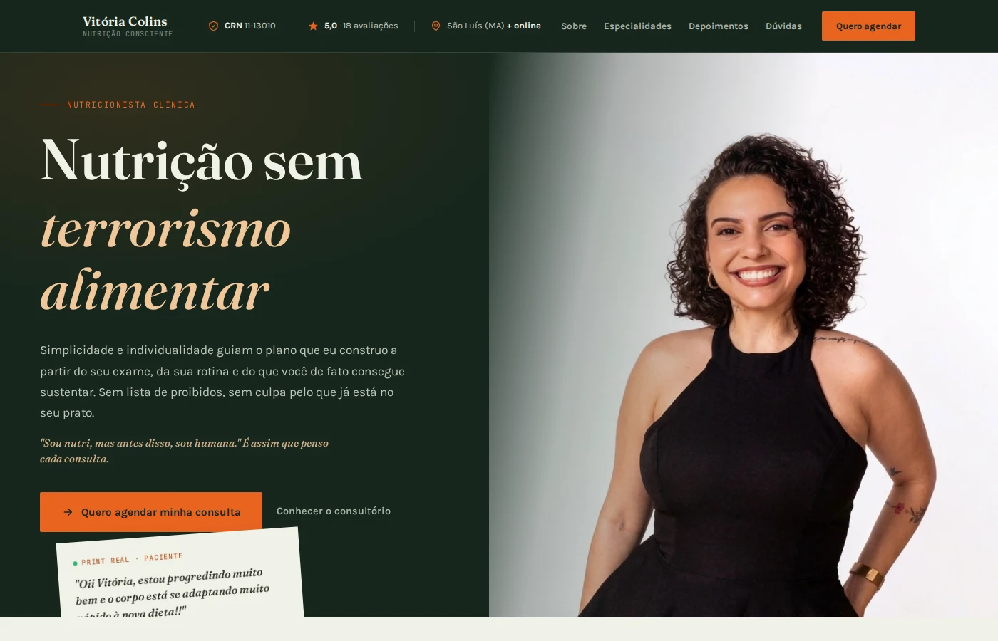 Vitória Colins — cliente real · Online Já