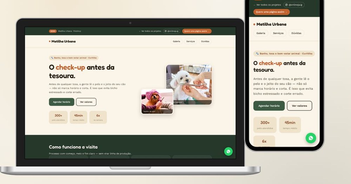 Matilha Urbana — mockup real do site · Online Já