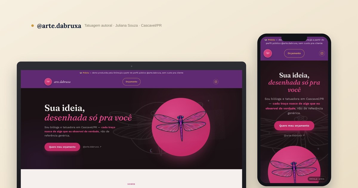 @arte.dabruxa — mockup real do site · Online Já