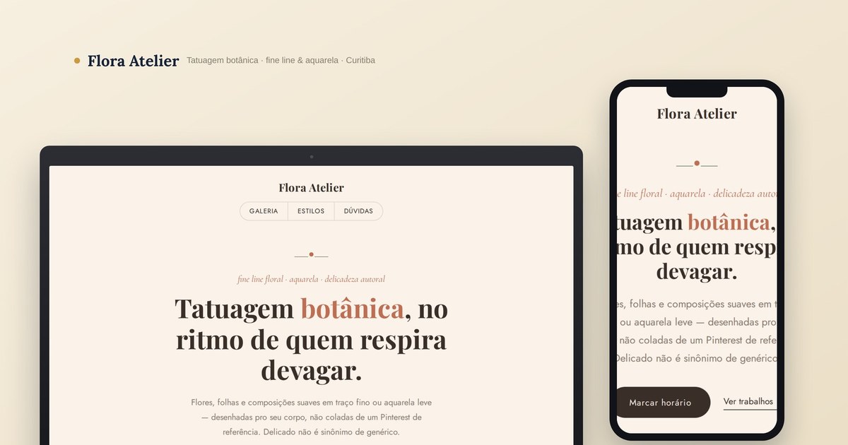 Flora Atelier — mockup real do site · Online Já