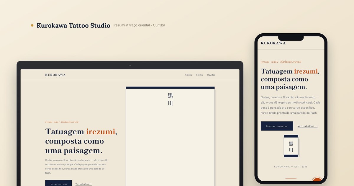 Kurokawa Tattoo Studio — mockup real do site · Online Já