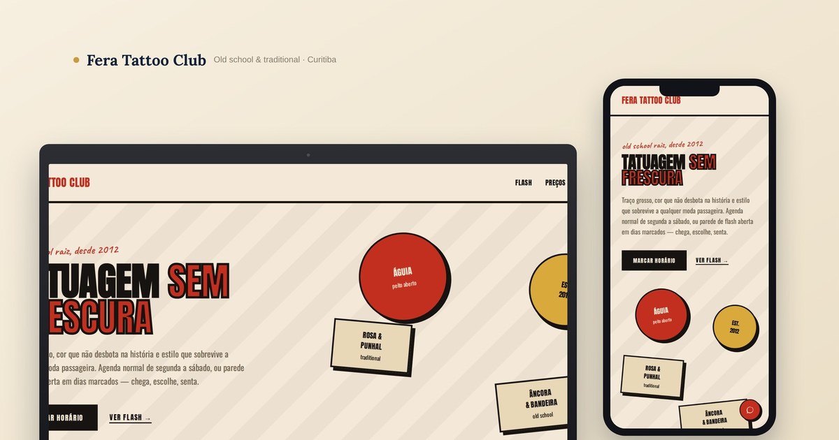 Fera Tattoo Club — mockup real do site · Online Já